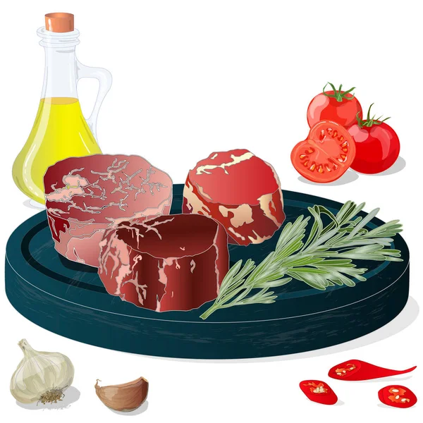 Variété de steaks de viande à bord avec des produits latéraux et des herbes. Ve — Image vectorielle