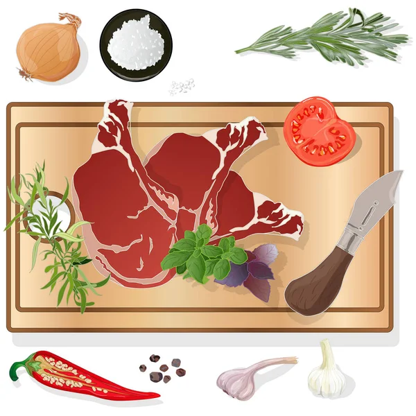 Varietà di bistecche a bordo con prodotti collaterali ed erbe aromatiche. Ve ne sono — Vettoriale Stock