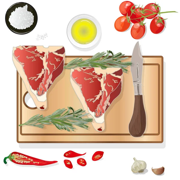 Variedad de filetes de carne a bordo con productos secundarios y hierbas. Ve. — Vector de stock
