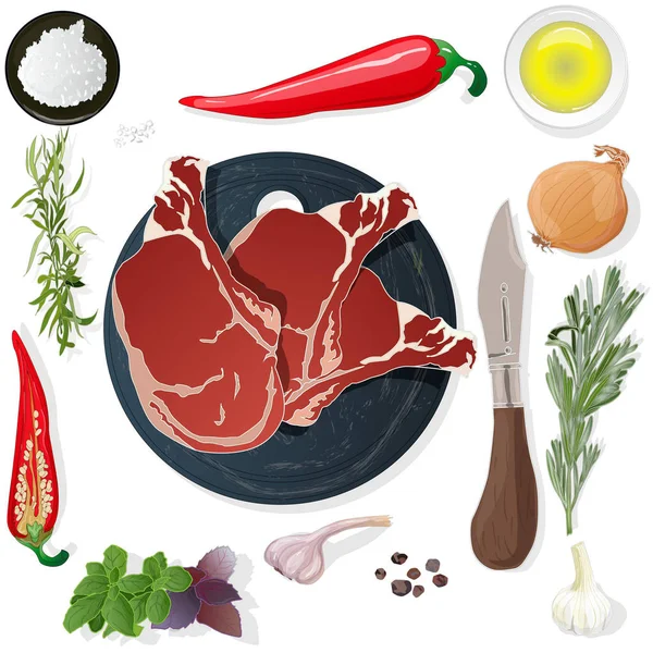 Variedad de filetes de carne a bordo con productos secundarios y hierbas. Ve. — Vector de stock