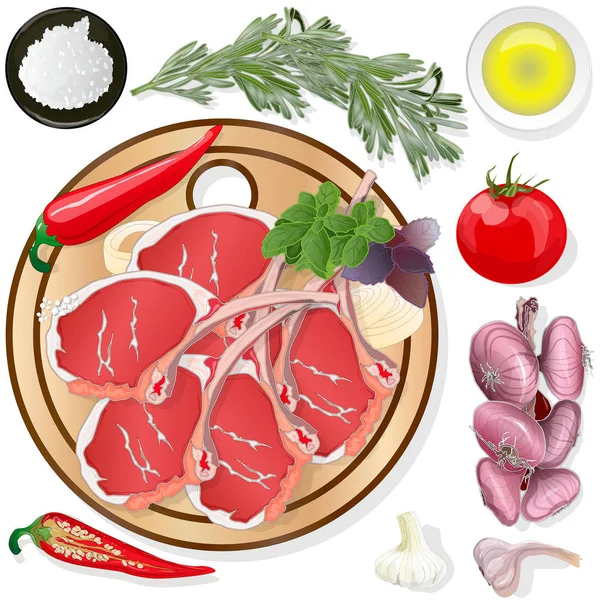 Różnorodność steków mięsnych na pokładzie z produktami ubocznymi i ziołami. Ve — Wektor stockowy