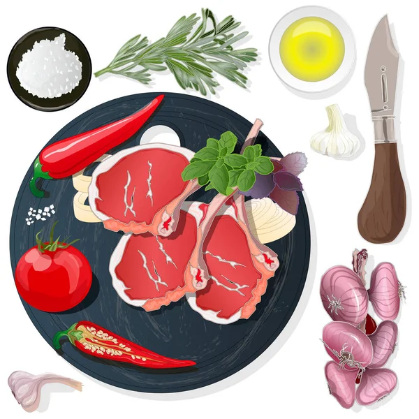 Verscheidenheid van vlees steaks aan boord met bijproducten en kruiden. Ve — Stockvector