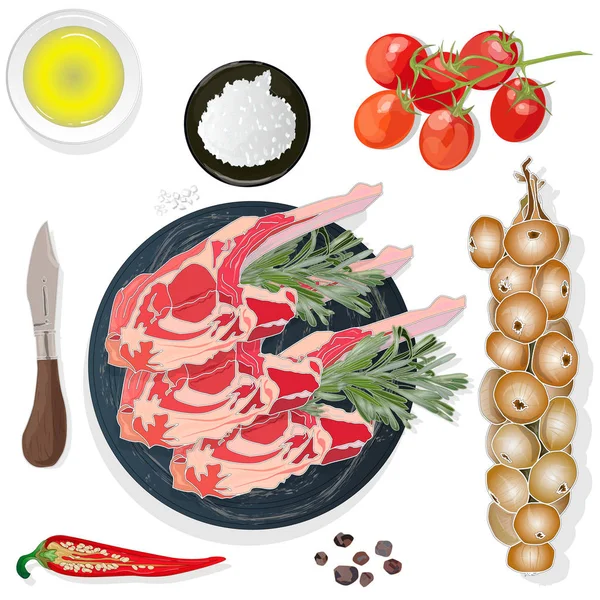 Variety of meat steaks on board with side products and herbs. Ve — Stock Vector