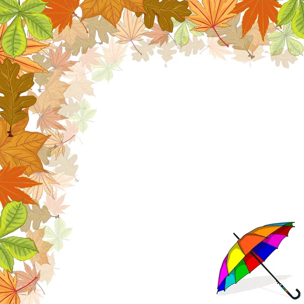 Yağmur için şemsiye. Renkli kurumuş yaprak koleksiyonu. Sonbahar, — Stok Vektör