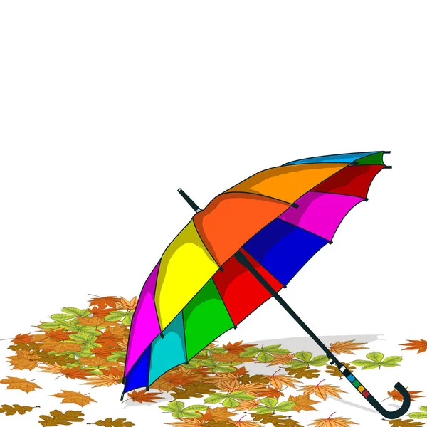 Guarda-chuva para a chuva. Coleção de folhas secas coloridas. Outono , — Vetor de Stock