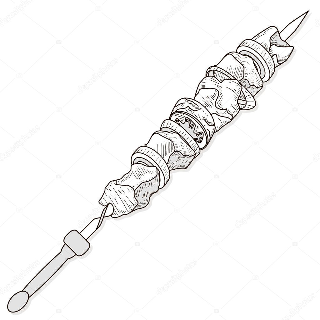 Shish kebab with onion and cherry tomato. Grilled meat skewers. Logo and design. Vector illustration.