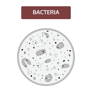 Mikroskop altında kırmızı çekirdekli siyah ve gri bakteriler. Doodle, elle çizilmiş stil.