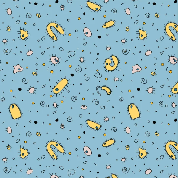 Ζωγραφίζουν, κύτταρα βακτηρίων. Μοτίβο σε μπλε φόντο. — Διανυσματικό Αρχείο