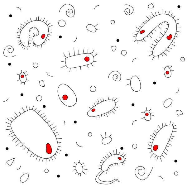 Σχέδιο βακτηρίων κάτω από μικροσκόπιο σε μαύρο, λευκό, κόκκινο χρώμα. — Διανυσματικό Αρχείο