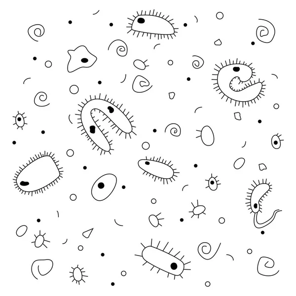 黒、白色の顕微鏡下の細菌の描画。落書き、手描きスタイル. — ストックベクタ