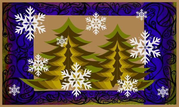 Abstract Watercolor Firs Trees Swirls Backgroud Snowflakes — Stockfoto