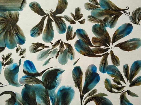 Poziome Akwarela Handmade Tekstury Tło Delikatnych Kwiatów Irysów Liści Gałązek Obraz Stockowy