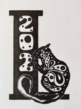 Noel desenli siyah beyaz çizim ikonu, pençelerinde 2020 yazısıyla birlikte bir tablet bulunan bir fare. Beyaz Fare Yılı Logosu.