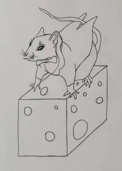 New Year\'s black and white illustration-icon with a mouse in a tailcoat, which holds a large piece of cheese in its paws. Logo of the Year of the white mouse, a symbol of wealth, satiety and wellbeing
