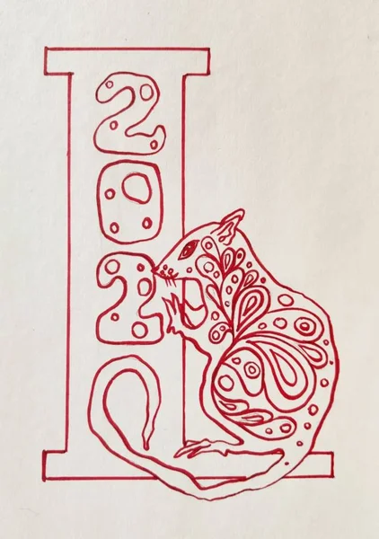 Christmas patterned red and white illustration-icon with a mouse, which in its paws holds a sign with the inscription 2020. Logo of the Year of the white mouse.