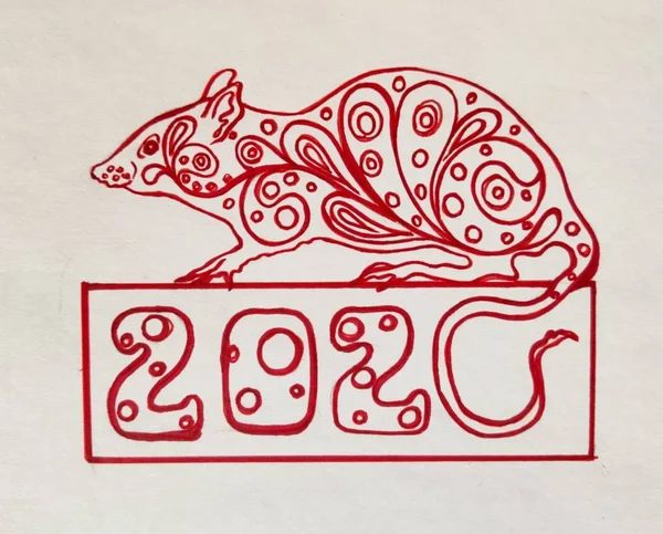 Christmas patterned red and white illustration-icon with a mouse, which sits on a plate with the inscription 2020. Logo of the Year is a white mouse.