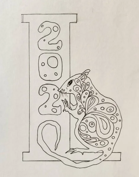 Yeni Yıl 'ın siyah-beyaz çizim ikonu. Pençelerinde 2020 yazısıyla birlikte bir işaret var. Beyaz Fare Yılı Logosu.