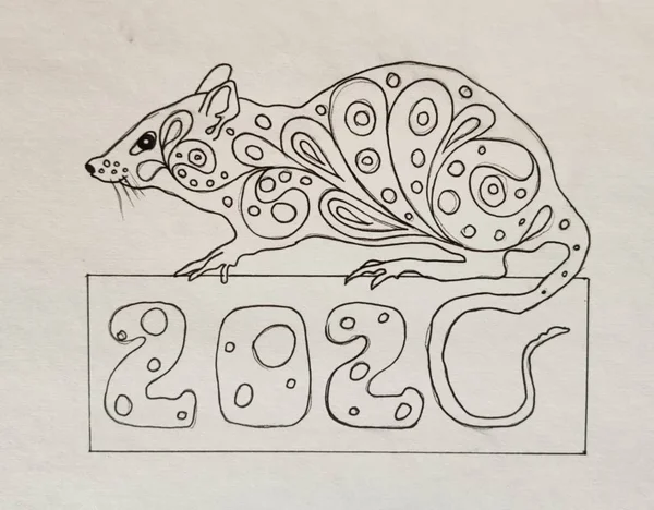 New Year\'s black and white illustration is an icon with a mouse that sits on a plate with the inscription 2020. Logo of the Year is a white mouse.