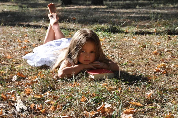Мила дівчина лежить на землі в парку і читає книгу. осінній настрій. Незабаром до школи — стокове фото