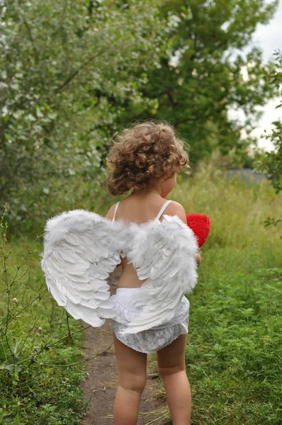 Chica rizada con alas sosteniendo un corazón rojo en sus manos. Concepto de San Valentín. humor romántico. Primavera — Foto de Stock