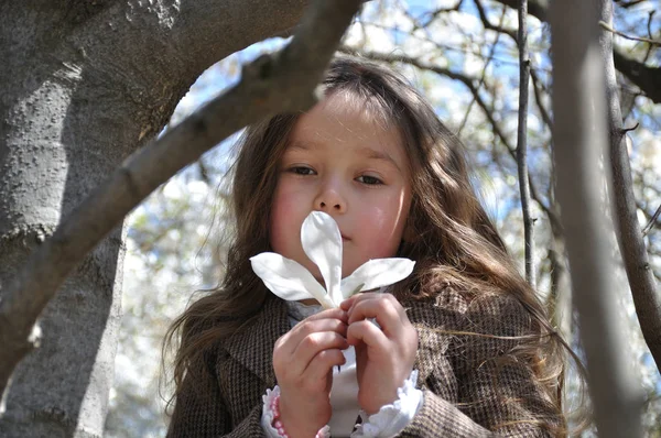 Красива дівчина з білою квіточкою магнолії у волоссі.Portpait — стокове фото