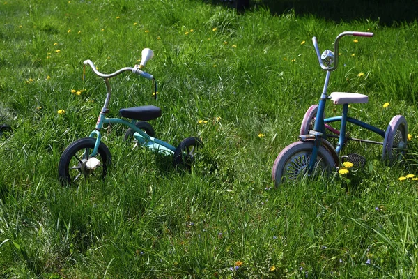 Régi gyermekek tricikli kerékpáros a zöld fű — Stock Fotó