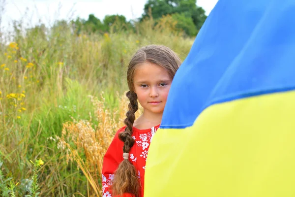 Ukraine concept patriotique. Belle fille dans le costume national ukrainien avec drapeau ukrainien. copyspace — Photo