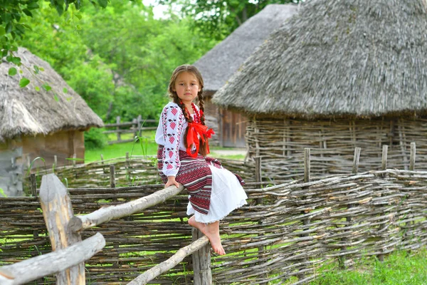 Ritratto di ucraino Bella ragazza in vyshivanka accanto alla vecchia casa di legno. ragazza nel ricamo.Concetto di tradizioni nazionali — Foto Stock