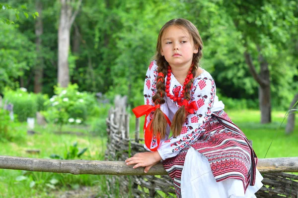 Портрет украинской красивой девушки на вышиванке рядом со старым деревянным домом. девушка в вышивке. Концепция национальных традиций — стоковое фото