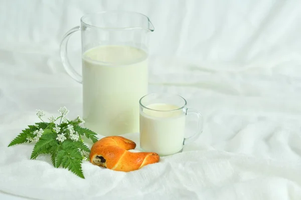 Jarra de vidrio jarra de leche fresca con vidrio sobre fondo blanco. concepto de leche — Foto de Stock