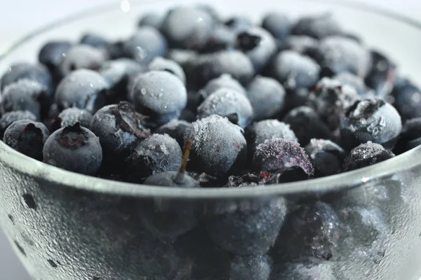 Fundo de mirtilo congelado. fechar com foco seletivo e Frost. Mirtilo fresco com gotas de água sobre fundo branco. Conceito de alimentação saudável e dietética — Fotografia de Stock