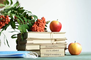 Mutlu Öğretmenler Günleri. Kitaplar, Rowan, elmalar ve tahta bloklar. OCTOBER.EPTEMBER.NOVEMBER.Medikal koruyucu maske. Anlaşıldı. COVID-19 Coronavirus. Çevrimiçi Öğrenme Konsepti Seçmeli Odaklanma