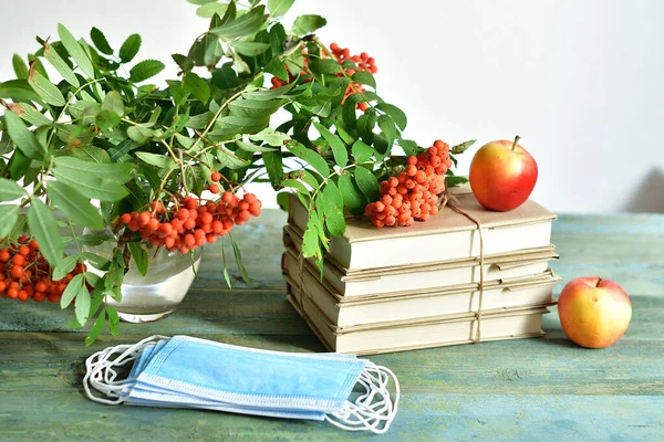 Öğretmenler günün kutlu olsun. Kitap, rowan, elma ve tıbbi koruyucu maske, fotokopi alanı, natürmort. COVID-19 Coronavirus. Uzaklık Çevrimiçi Öğrenme Konsepti. Odaklanma