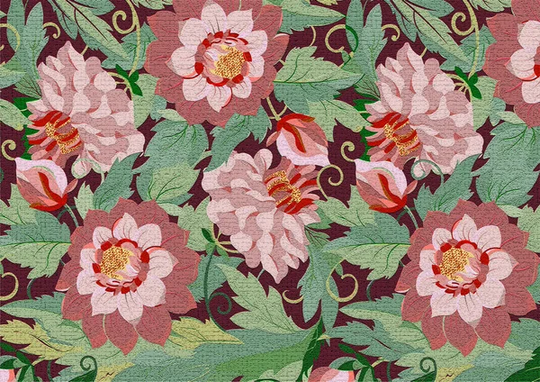 Beautiful floral print with peonies on Burgundy background