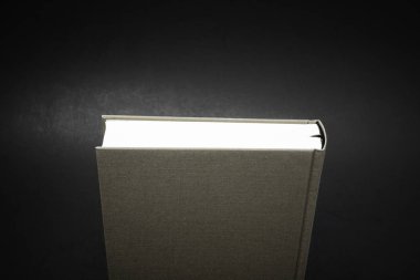 Karanlık bir arka planda ayarlanmış kalıcı siyah ipek yer imi ile bez bağlı bir kitabın üst kısmının yakın çekim görünümü.