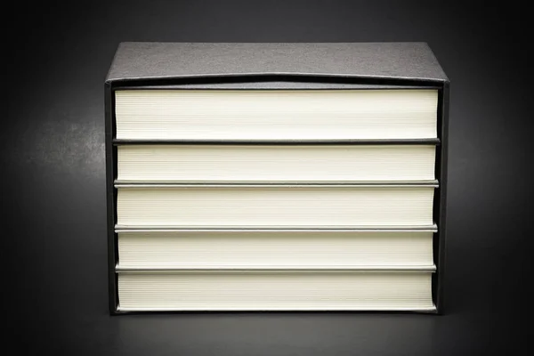 Conjunto Cinco Livros Monocromáticos Encadernados Pano Armazenados Dentro Uma Caixa — Fotografia de Stock