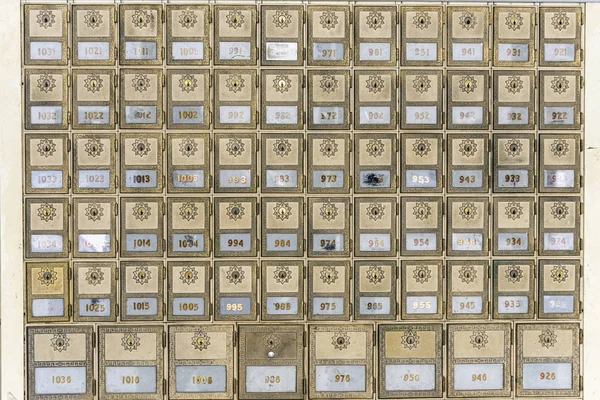 Mid-Century Design Brass Post Office Mailboxes — Stock Photo, Image