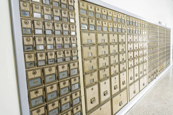 Mid-Century Design Brass Post Office Mailboxes — Stock Photo, Image