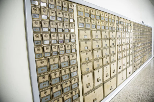 Mid-Century Design Brass Post Office Mailboxes — Stock Photo, Image