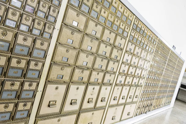 Mid-Century Design Brass Post Office Mailboxes — Stock Photo, Image