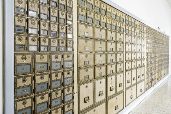 Mid-Century Design Brass Post Office Mailboxes — Stock Photo, Image