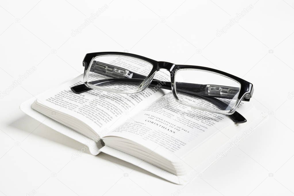 White Pocket Bible With Reading Glasses