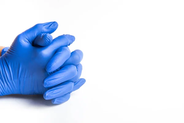 Ręce Niebieskich Lateksowych Rękawiczkach Jednorazowego Użytku Białym Tle — Zdjęcie stockowe