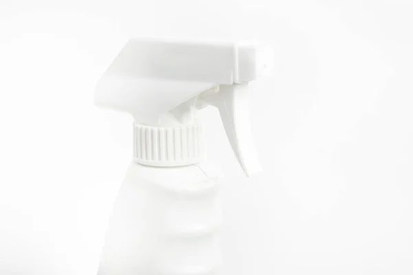 Gros Plan Partie Supérieure Flacon Plastique Pulvérisateur Liquide Blanc Posé — Photo
