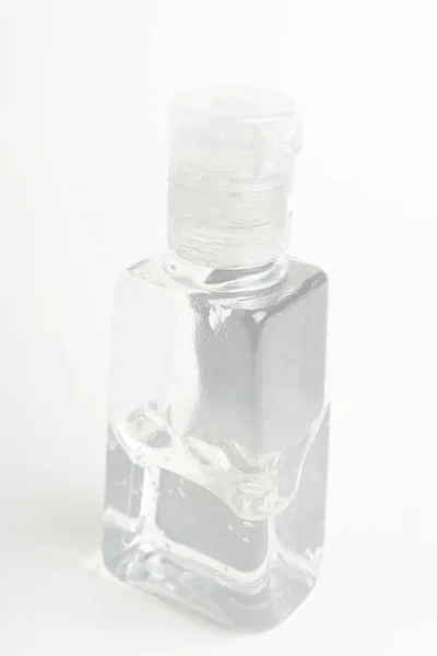 Una Toma Producto Una Botella Dispensador Plástico Desinfectante Mano Transparente — Foto de Stock