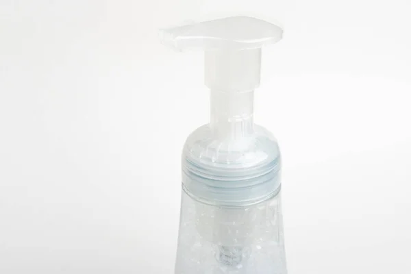 Gambar Close Pompa Atas Tembus Pandang Dan Botol Sabun Busa — Stok Foto