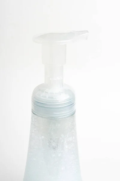 Immagine Ravvicinata Della Pompa Superiore Traslucida Della Bottiglia Dispenser Plastica — Foto Stock