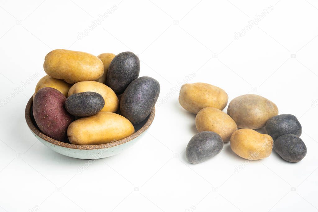 An assorted color raw and fresh potatoes artfully arranged on bowl and table set on plain white background.