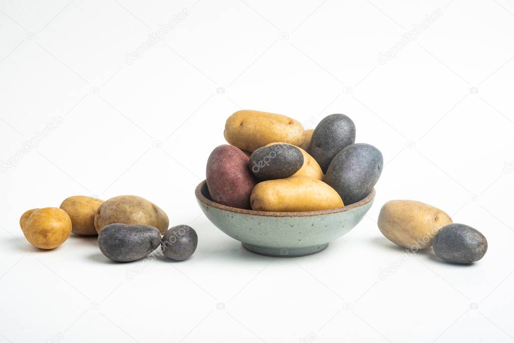 An assorted color raw and fresh potatoes artfully arranged on bowl and table set on plain white background.