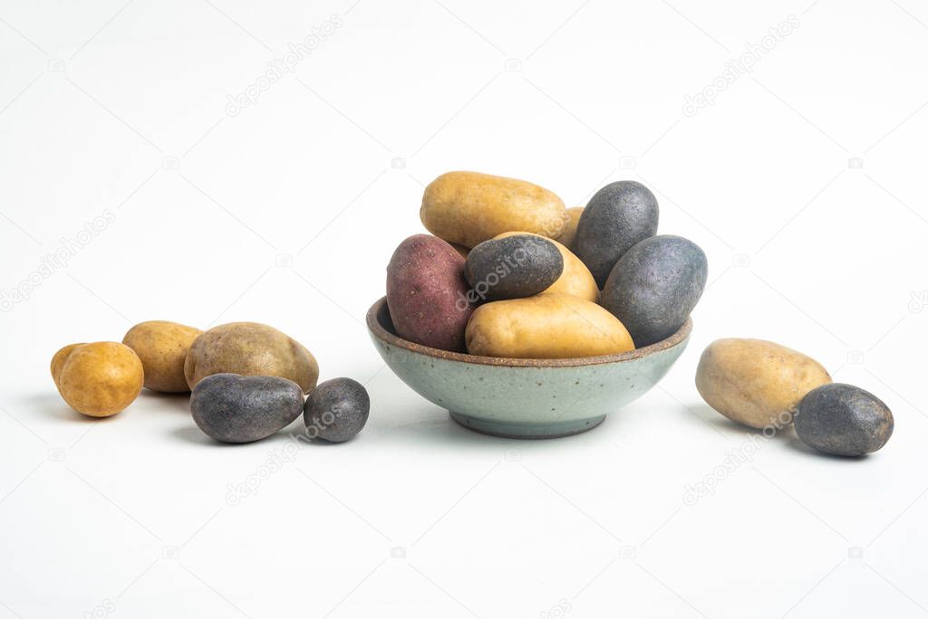 An assorted color raw and fresh potatoes artfully arranged on bowl and table set on plain white background.